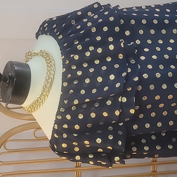 Michael Kors navy blue gold medallion print blouse ruffles bows sz XL sheer - Picture 3 of 10